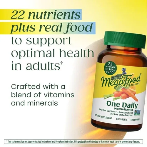 Vista 3 de MegaFood, One Daily, estimula la optimización de la salud y bienestar, kin-65-iuy-mm-a735, 60, 1, 1 Supports Cellular Energy, Muscle & Bone