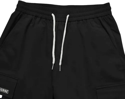 Vista 4 de OYOANGLE - Pantalones de jogger de calle con cordón, bolsillo con solapa y gráfico de letras, casuales, para hombre
