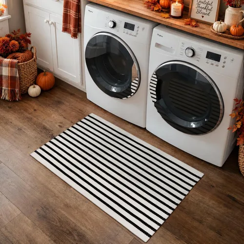Vista 8 de KIMODE - Alfombra de algodón tejida con diseño a rayas en color negro, para puerta de entrada, cocina, decoración de estilo rústico