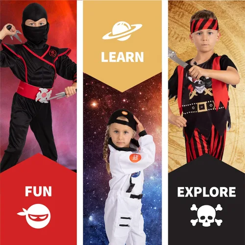 Vista 5 de Born Toys Juego de disfraz 3 en 1 para niños disfraz de pirata para niños disfraz de ninja y disfraz de astronauta para niños de 3 a 7 años con 14