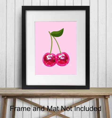 Vista 3 de Arte de pared retro de moda y decoración, póster de decoración del hogar con bola de disco de cerezo, arte de pared de sala de estar rosa