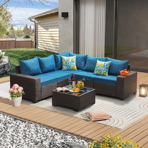 Vista 24 de JOYURE Juego de muebles de patio de 5 piezas, para todo tipo de clima, para exterior, sofá seccional de mimbre, sofá de ratán para patio con cojín