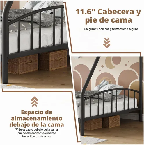 Vista 6 de Garvee - Litera individual sobre matrimonial con escalera y barandilla para niños y adultos Heavy Duty Metal Bunk Bed Frame, Sturdy Steel Slats