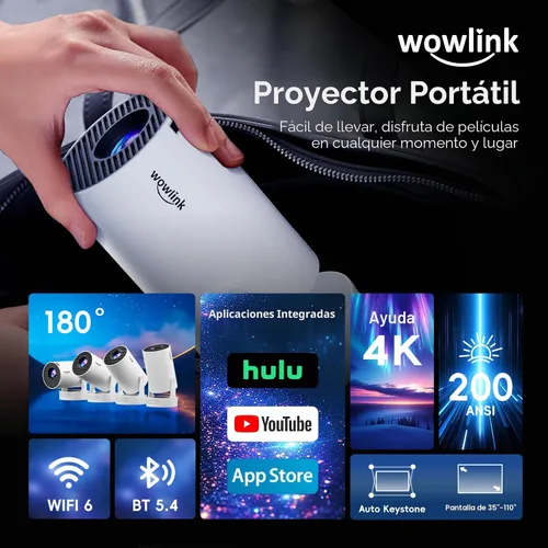Vista 2 de Mini proyector con WiFi 6 y Bluetooth 5.4 Soporte 4K 1080P Auto Keystone Proyector giratorio de 180° Portátil Compatible con HDMI/TV Stick/Memory