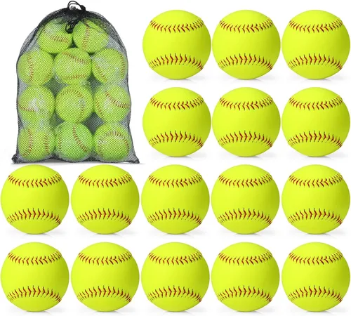 Vista 8 de Lewtemi Paquete de 18 pelotas de sóftbol amarillas para práctica deportiva de tamaño y peso oficial de sóftbol de lanzamiento lento con 1 bolsa