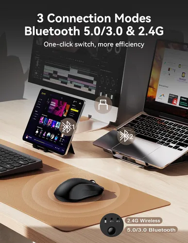 Vista 2 de TECKNET Ratón Bluetooth [USB + BT1 + BT2] Ratón inalámbrico para laptop, clic silencioso, diseño ergonómico, 4800 DPI Ratones de computadora