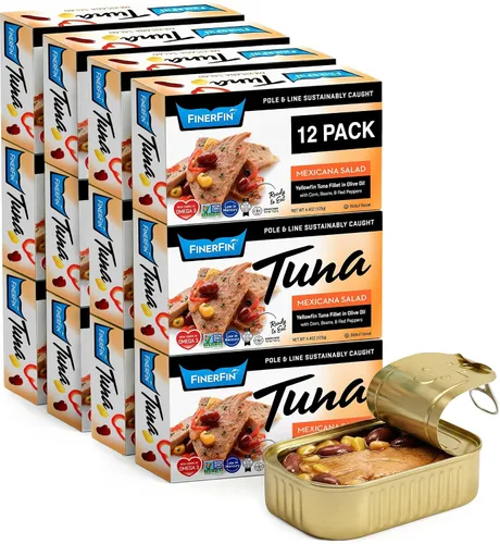 Vista 11 de Ensalada de atún de aleta amarilla FinerFin en aceite de oliva orgánico, paquete de variedad de catadores Atún enlatado premium con EVOO Filetes
