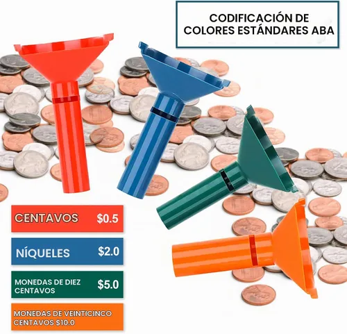Vista 4 de PM Company con códigos de color – tubo contador de monedas desde centavos hasta monedas de quarters (05032)