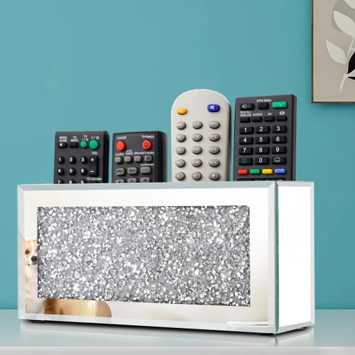 Vista 6 de Pibeyer Soporte de pared para control remoto con espejo, organizador remoto de diamante plateado aplastado, caja de almacenamiento decorativa