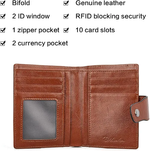 Vista 3 de BOSTANTEN - Billetera de cuero para mujer con bloqueo RFID, pequeña, con cremallera, de bolsillo, para tarjetas, con ventana para documento