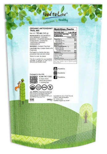 Vista 2 de Mezcla orgánica antioxidante de frutos secos, 12 onzas, contiene moras, bayas de Goji, bayas doradas, semillas de calabaza, avellanas, anacardos.