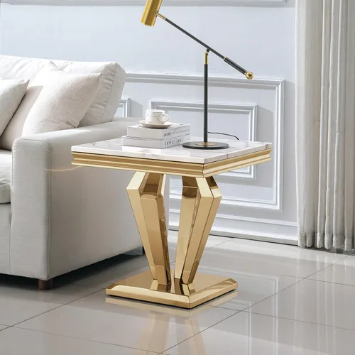 Vista 38 de Mesa de centro de 47 pulgadas de mármol negro con base en forma de U de acero inoxidable espejado, mesa central de parte superior rectangular