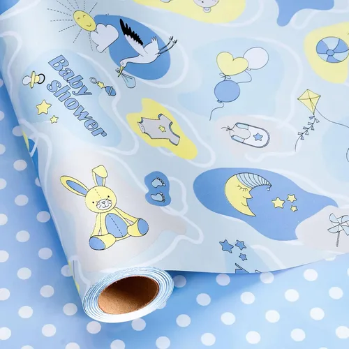 Vista 21 de Homeral Rollo de papel para envolver regalos azul para baby shower - Rollo mini - 17 pulgadas x 16.5 pies - Juego reversible de papel de regalo
