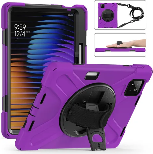 Vista 21 de Funda para Xiaomi Mi Pad 6/Mi Pad 6 Pro, funda resistente a prueba de golpes de 11 pulgadas, soporte giratorio 360, correa de mano, correa de rosado