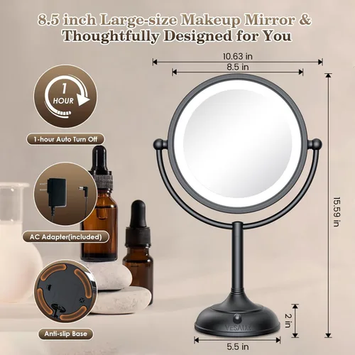 Vista 6 de VESAUR Espejo de Maquillaje Profesional Iluminado de 8.5", 1X/10X de Doble Cara HD Sin Distorsión, Espejo de Aumento con Luces LED Regulables en 3