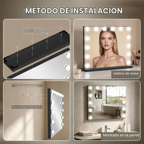 Vista 4 de Espejo de tocador con luces, espejo de maquillaje iluminado con bombillas LED regulables, 3 modos de iluminación de color, puerto de carga USB, Negro
