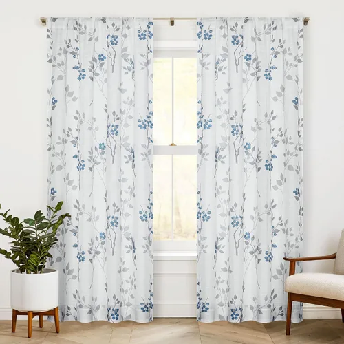 Vista 24 de Beauoop Juego de 2 cortinas semitransparentes de lino floral para sala de Clásico azul y gris