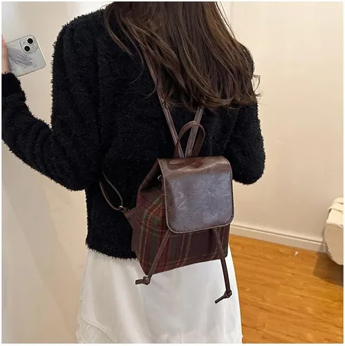 Vista 5 de Mochila vintage a cuadros para mujer, mochila clásica preppy casual, mochila estética de viaje, mochila retro para mujer, Verde