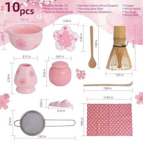 Vista 7 de Juego de 10 batidores de matcha, kit de fabricación de té matcha japonés con batidor de bambú, cuenco de cerámica, herramientas completas