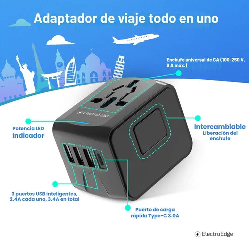 Vista 4 de Adaptador de viaje universal con puerto 3USBA + 1USBC, adaptador de viaje mundial todo en 1 Adaptador de enchufe europeo a Reino Unido Adaptador
