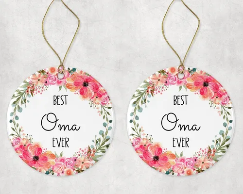Vista 3 de Adorno de Navidad con la frase "Best Oma Ever", adorno de Navidad para Oma de hijo, hija, regalos de nana, adorno de Navidad de cerámica impreso