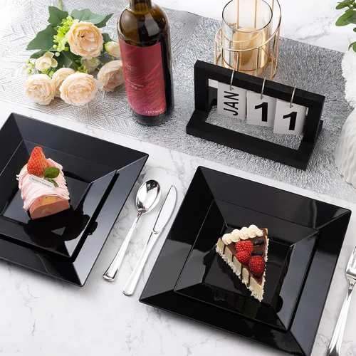 Vista 2 de Goodluck 100 Pack de Platos Desechables Cuadrados Negros, Platos de Plástico Resistente: 50 Platos de Cena de 24.1 cm y 50 Platos de Postre de 16.5