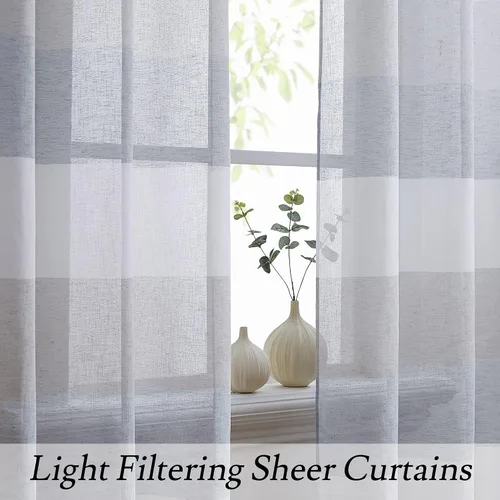 Vista 2 de Vision Home Cortinas traslúcidas a rayas color gris y azul ahumado, paneles de ventana rústicas de lino de 63 pulgadas de largo, cortinas rústicas