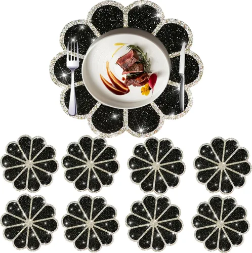 Vista 16 de Juego de 1 mantel individual redondo en negro, manteles individuales brillantes resistentes al calor, lavables, para cena, cocina, boda, decorativos
