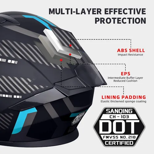Vista 6 de Cascos de motocicleta modulares de cara completa, Casco de motocicleta de cara completa con certificación DOT, con visor abatible dual