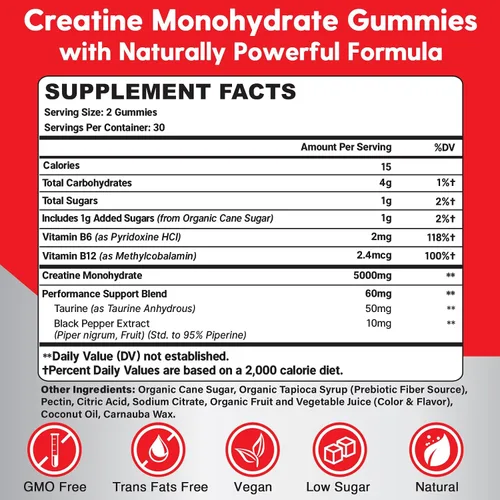 Vista 2 de Gomitas de monohidrato de creatina para hombres y mujeres, gomitas de creatina preentrenamiento con taurina y vitamina B6 B12 para máxima fuerza