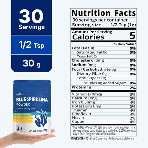 Vista 2 de Polvo de espirulina azul, extracto de ficocianina puro 100% natural de algas azul-verdes, vegano, sin gluten, sin OMG, colorante alimentario