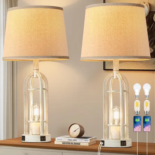 Vista 10 de SRJJA Juego de 2 lámparas de mesa negras para sala de estar, lámparas de granja para mesitas de noche con USB A+C, lámparas de noche