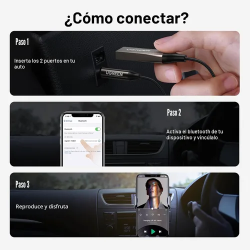 Vista 8 de UGREEN Adaptador Aux a Bluetooth 6.0 Receptor Bluetooth de 3.5mm para Coche Kit USB 2.0 a Conector de 3.5mm con Micrófono Integrado Entrada Auxiliar
