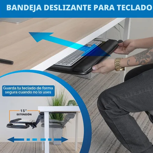 Vista 2 de Mount-It! Bandeja para teclado debajo del escritorio de movimiento completo con soporte para muñeca Plataforma de teclado deslizable ergonómica
