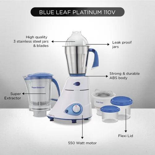 Vista 3 de Preethi Blue Leaf Platinum mezclador y molinillo de 3 frascos Indian de 550 vatios 110 voltios