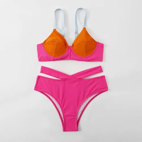 Vista 6 de Conjunto de bikini halter triangular para mujer, bikini sexy, traje de baño de verano para playa, espalda descubierta, cintura alta, traje de baño