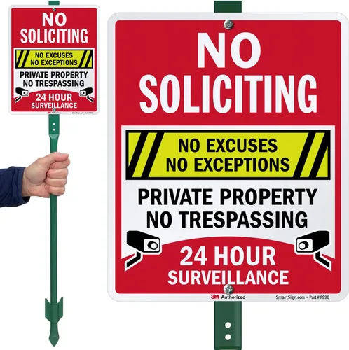 Vista 2 de SmartSign Cartel de 12 x 10 pulgadas "No Soliciting - No Excuses, No Exceptions, No Trespassing" para Patio con Estaca de 3 pies, Aluminio de 40