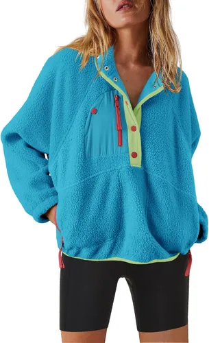 Vista 31 de Nirovien - Chaqueta de forro polar con capucha para mujer, manga larga, sherpa, sudadera mullida, abrigada, con botones y bolsillos Un rosa