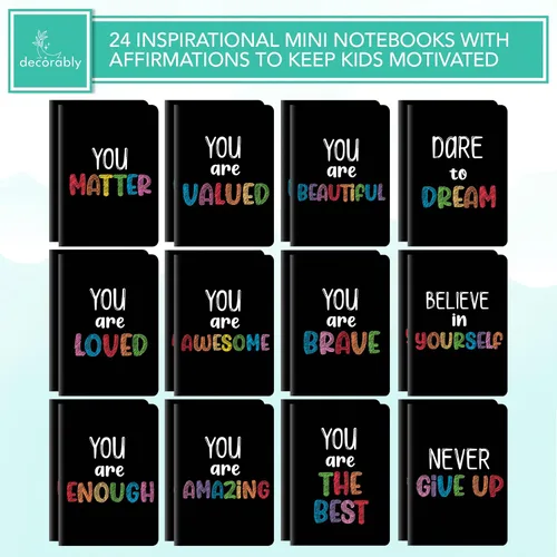Vista 3 de Decorably Paquete de 24 mini cuadernos inspiradores para niños, 12 diseños de pizarra de 3.5 x 5 pulgadas, recuerdos de fiesta, encuadernados