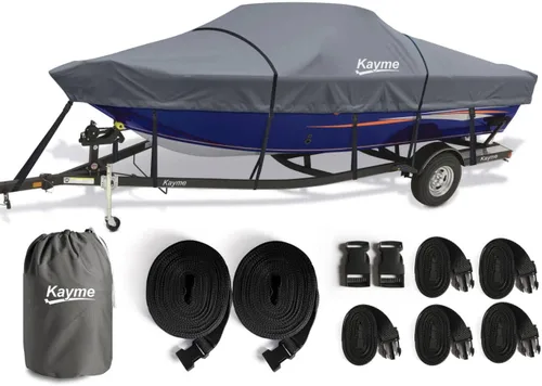 Vista 9 de Kayme Cubierta de lancha resistente 1200D para barcos de 14 a 16 pies, impermeable, resistente al desgarro con correas reforzadas al viento, ideal