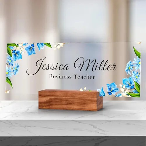 Vista 23 de Placa de identificación personalizada para escritorio, decoración de oficina de acrílico transparente con diseño de flores, decoraciones