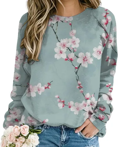 Vista 10 de ZOCANIA Sudaderas para mujer, sin capucha, manga larga, cuello redondo, estampado floral, ajuste holgado