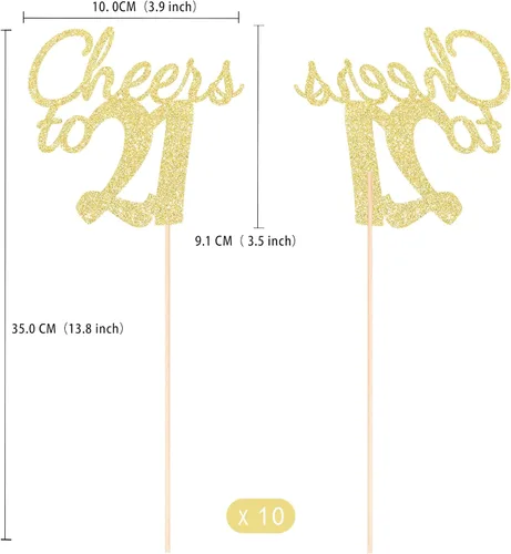 Vista 2 de Gexolenu Cheers to 21, paquete de 10 centros de mesa con purpurina dorada de doble cara para cumpleaños número 21 para mesas, palitos decorativos