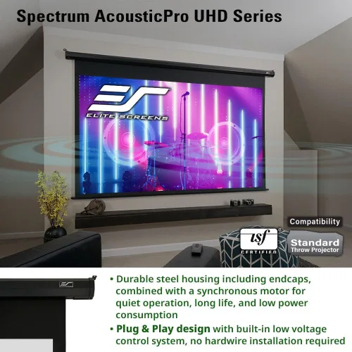 Vista 4 de Elite Screens Spectrum AcousticPro UHD, pantalla de proyector eléctrica motorizada de 100 pulgadas sin moiré, tejido perforado transparente al Negro