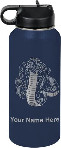 Vista 57 de LaserGram Botella de agua personalizada, serpiente de cobra, acero inoxidable de doble pared aislada al vacío con popote superior, regalo grabado