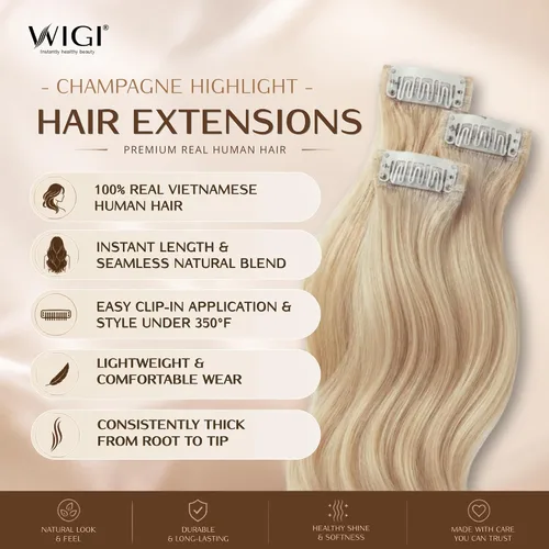 Vista 2 de WIGI 3 clips de cabello humano con reflejos, champán de 24 pulgadas #18A/60 Champaign Highlight