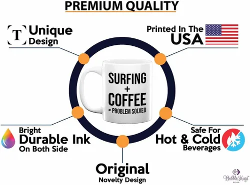 Vista 2 de Adventure - Taza de café de 11 onzas, color blanco, para surfear, tablas de surf, surf, playa, verano, playa, adolescente, amistad