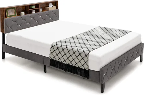 Vista 9 de KOMFOTT Base de cama matrimonial tapizada con cabecera de almacenamiento, base de cama de plataforma con estantes abiertos y espacio