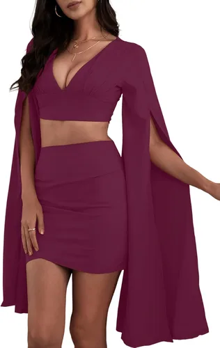 Vista 4 de LYANER Conjunto de 2 piezas para mujer con blusa corta de manga larga y minifalda fruncida