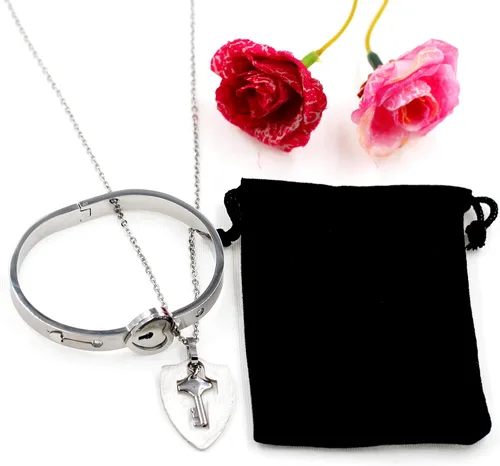 Vista 5 de Uloveido Collar con colgante de llave de escudo y pulsera de bloqueo para niñas y niños, juego de pulsera para hombres y mujeres, regalo